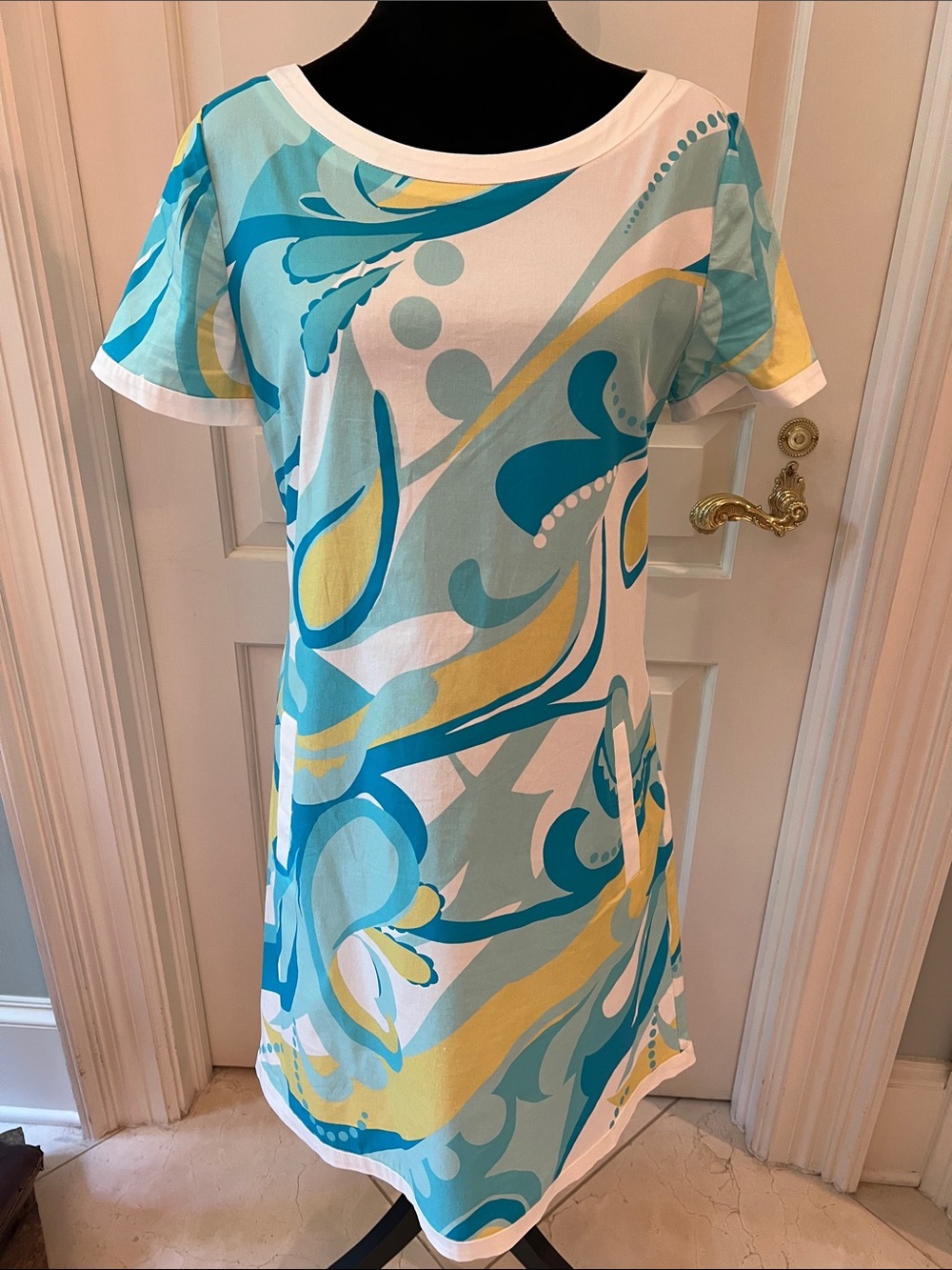 Bright Aqua & Yellow Abstract Print Shift Dress